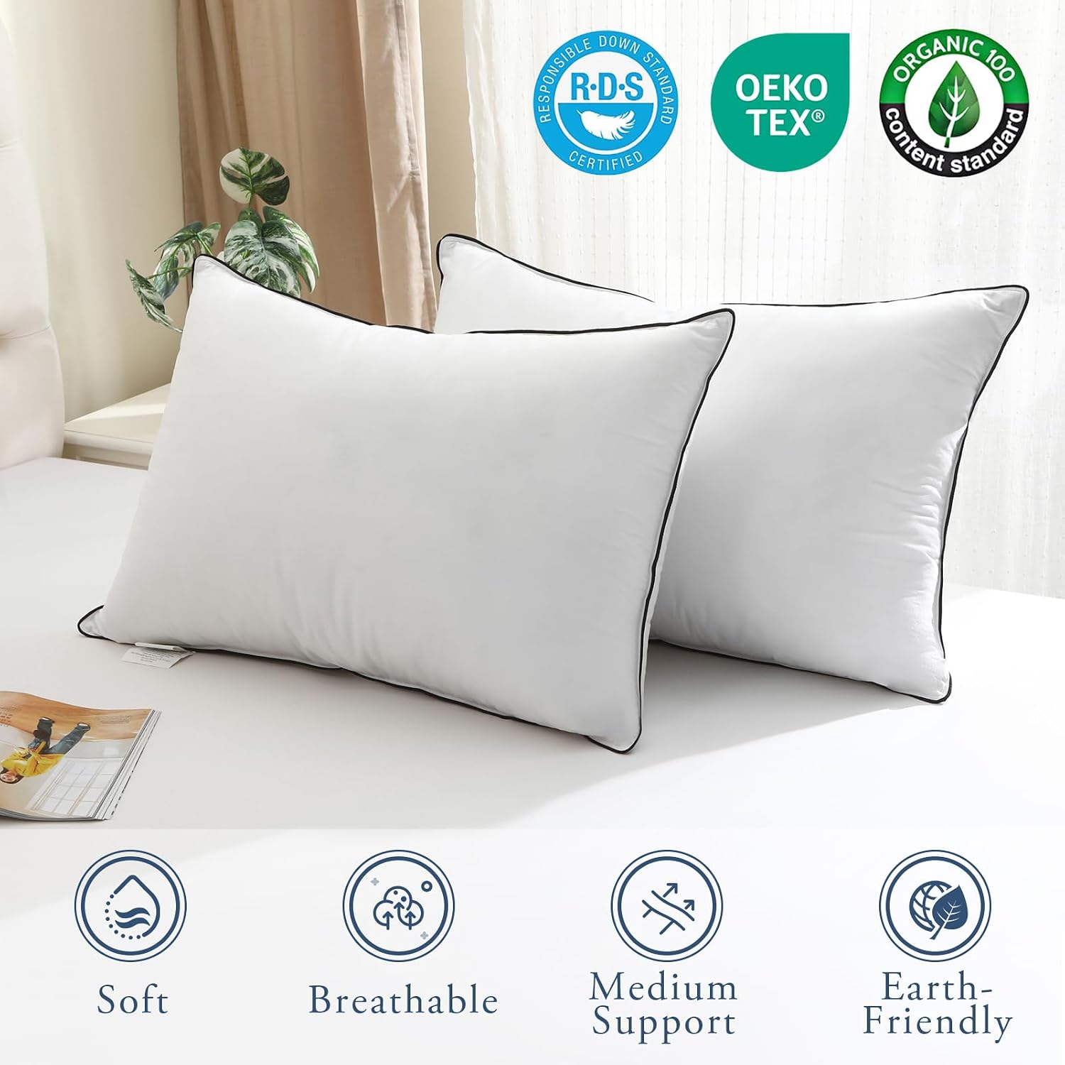 Bpc Goose Feather Down Pillows Standard Size Set of 2, Luxury Feather Pillows for Sleeping, 100% Organic Cotton Cover, Soft Support Surroun…