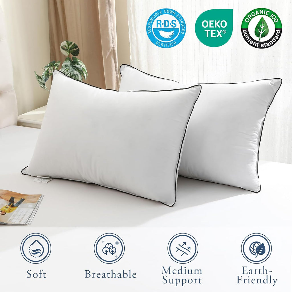 Bpc Luxury Hotel Goose Feather Down Pillows Queen Size Set of 2, Medium Firm Bed Pillows for Sleeping, Organic Cotton Cover, Soft Yet Suppo…