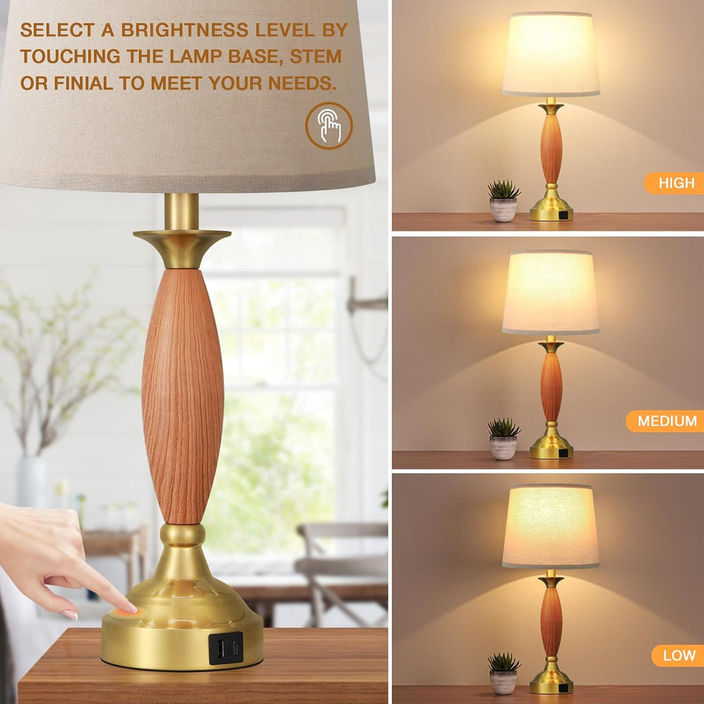 Seealle Touch Lamps for Nightstand - Bedroom Lamps Set of 2 with USB C+A, 3 Way Dimmable Contemporary Metal Wood Table Lamps for Living Room