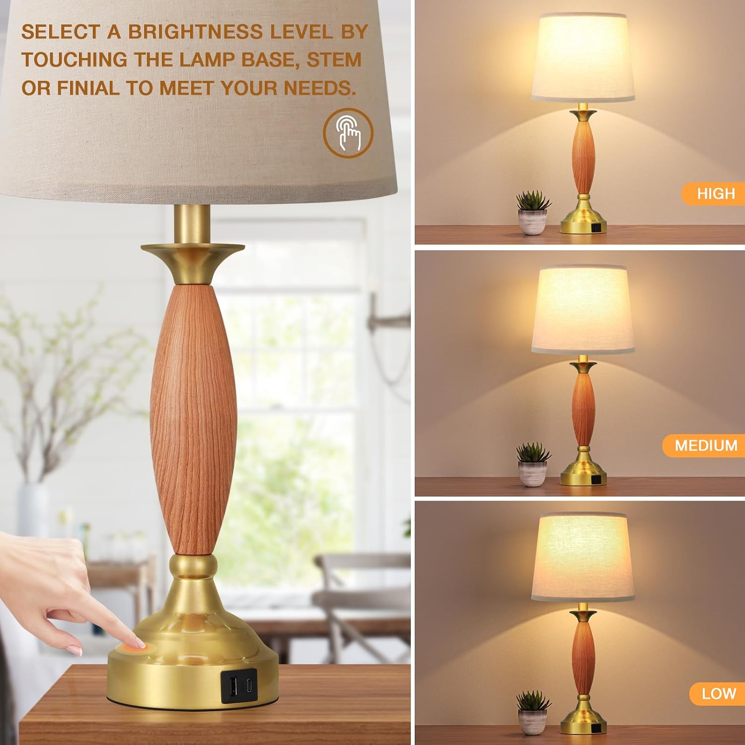Seealle Touch Lamps for Nightstand - Bedroom Lamps Set of 2 with USB C+A, 3 Way Dimmable Contemporary Metal Wood Table Lamps for Living Room