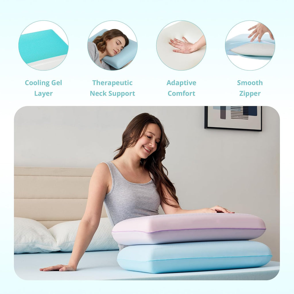 Gelsea Cooling Gel Memory Foam Pillow - Reversible Design, Neck Support for Side, Back, Stomach Sleepers, Standard Size, Removable & Machin…
