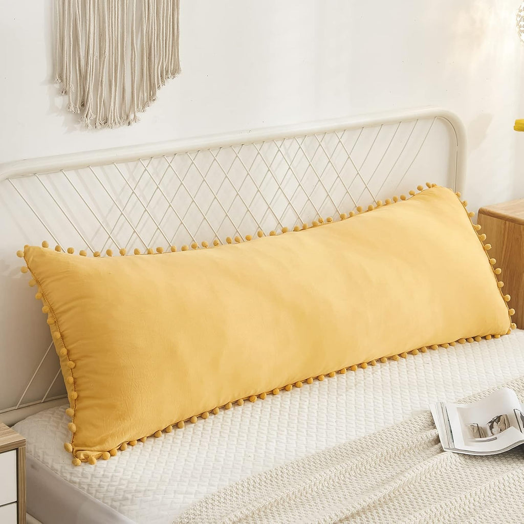 Moveover Yellow Body Pillow Cover Boho Body Pillow Cover Ginger Yellow Pom Poms Fringe Design Body Pillowcases 20x54 Inches Decorative Long…