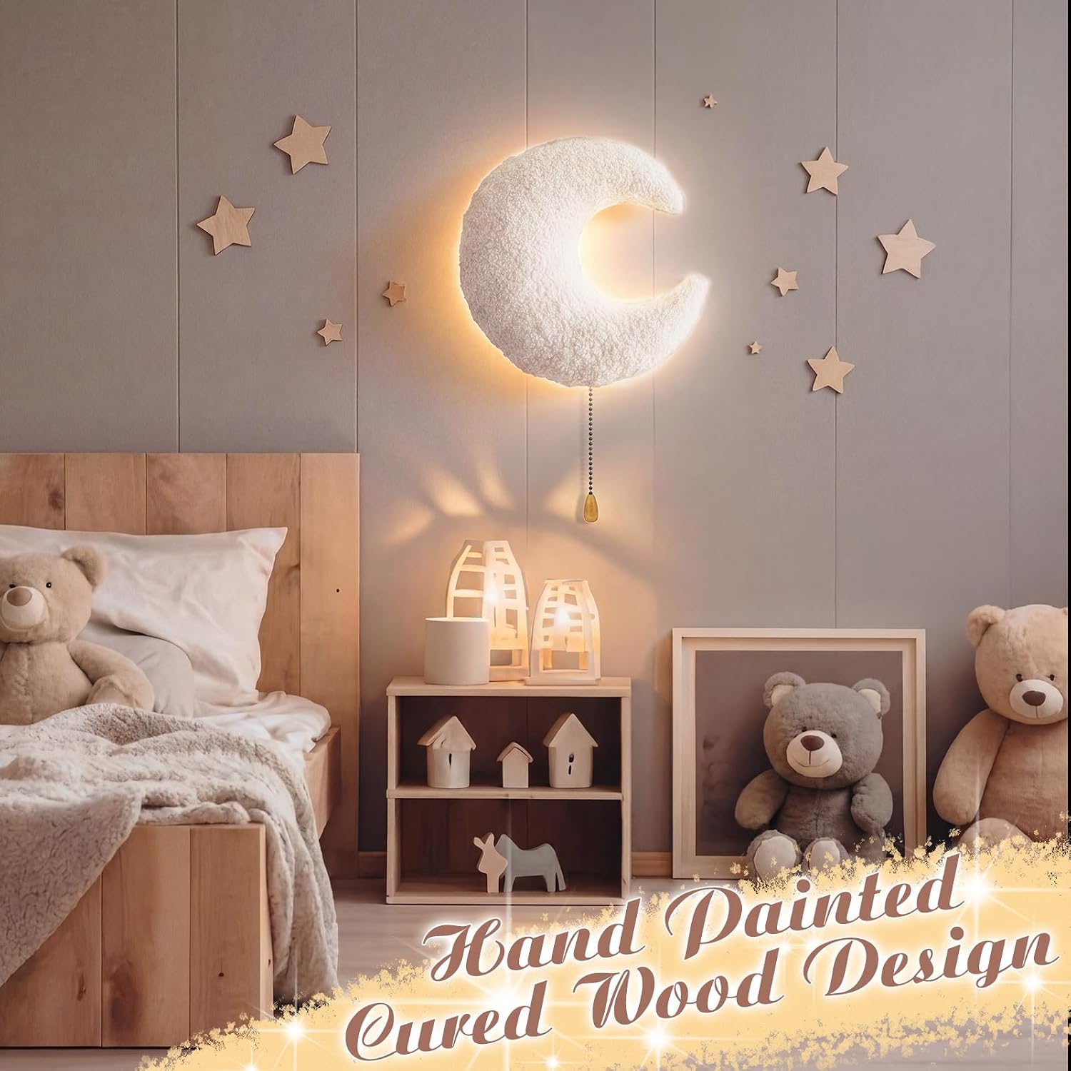Aurelema Fluffy Moon Night Light Wall Lamp Sleeping Nursery Lighting Cute Floating Battery Operated Hanging Lamp for Baby Boys Girls…