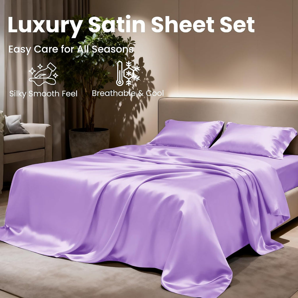 Lovescabin Love's cabin 4Piece California King Satin Bed Linen Set, Lavender Silky Satin Sheets, Deep Pocket, Luxury Silk Feel, 1 Flat, 1 F…