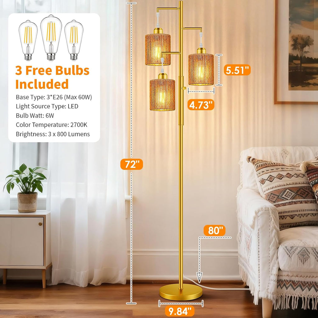 Hotsonic 72" Tall Boho Rattan Style Floor Lamp with Hand-Woven Paper Cord Shade, Dimmable Industrial Tree Standing Lamp for Living Room…