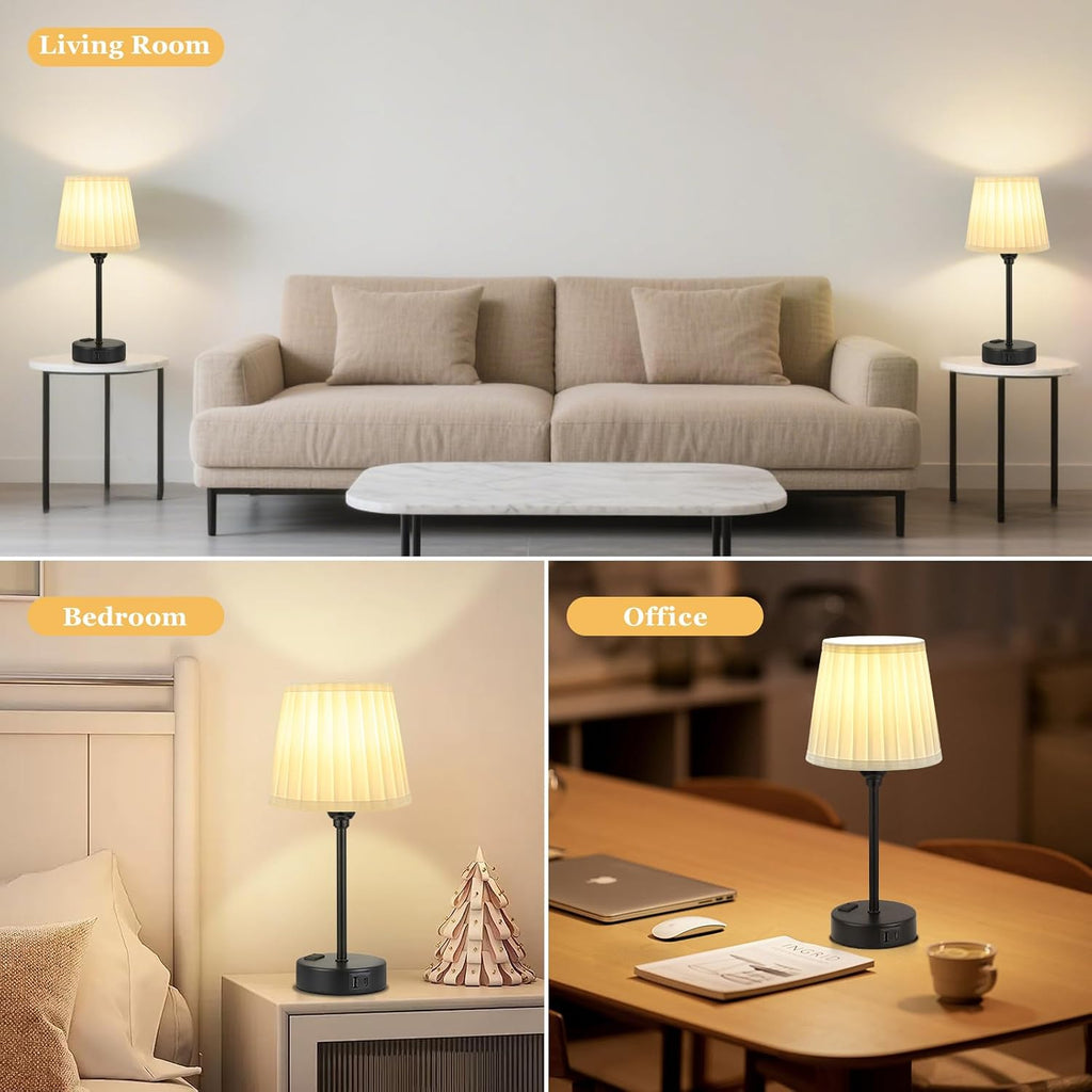 White Bedside Lamps for bedrooms Set of 2 - White Pleated Lamp Shade with USB Charging Ports, Touch Lamps for Nighstand, Night Stand Lamp…