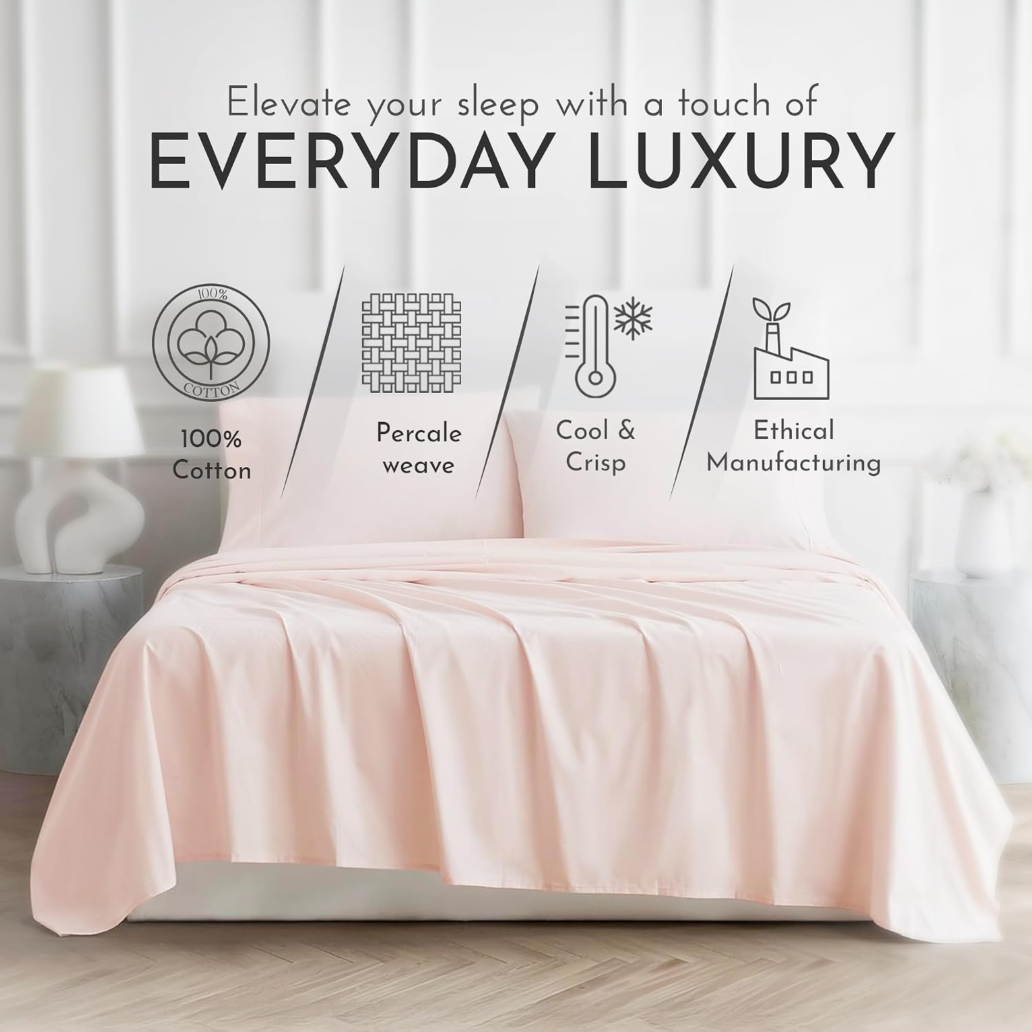 Linen Closet 4 Pcs 100% Cotton Full Size Sheets Set, Blush, 400 Thread Count, Percale Weave, Deep Pocket Fitted Sheet, Fits Up To 18"…