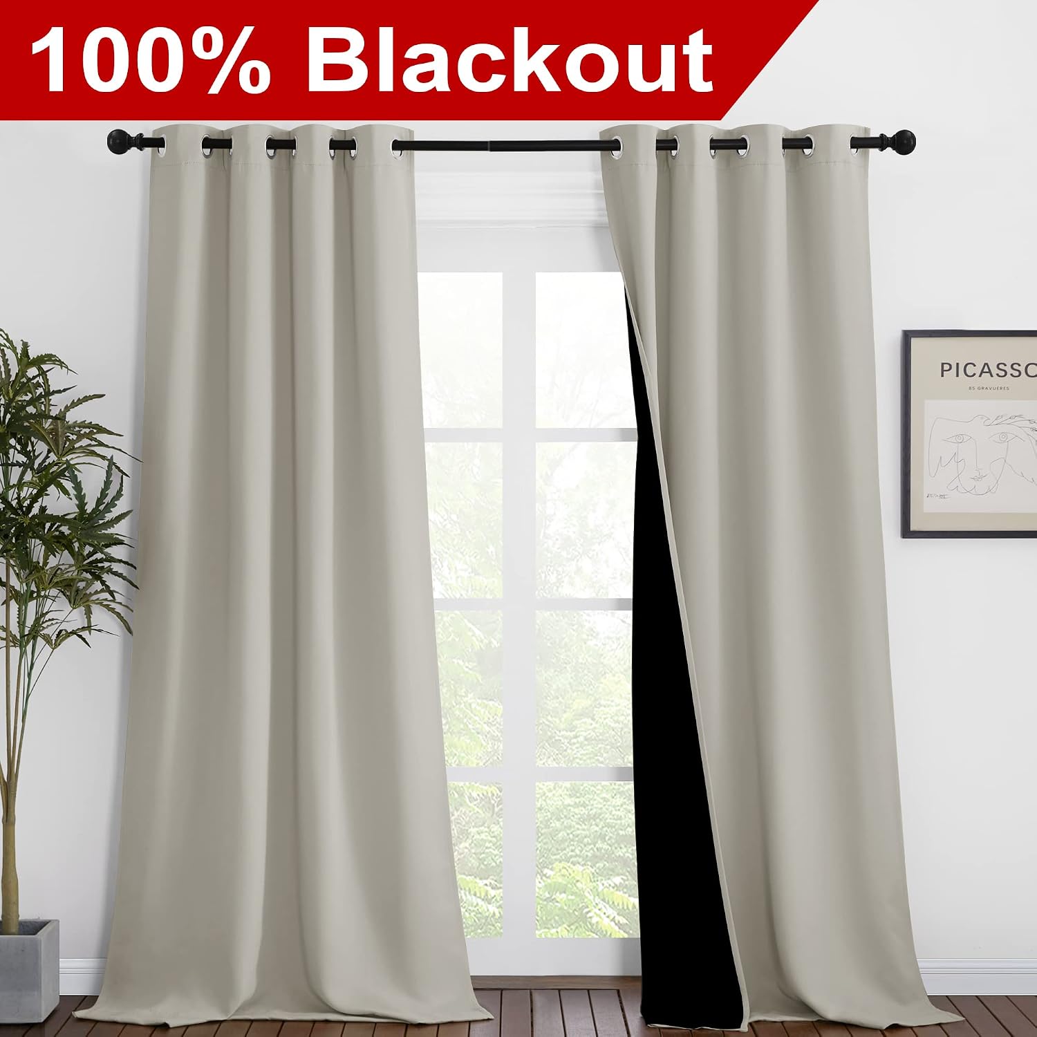 Nicetown Natural Blackout Curtains 90 inches Long, Full Light Blocking Drapes with Black Liner for Nursery, Thermal Insulated Draperies for…