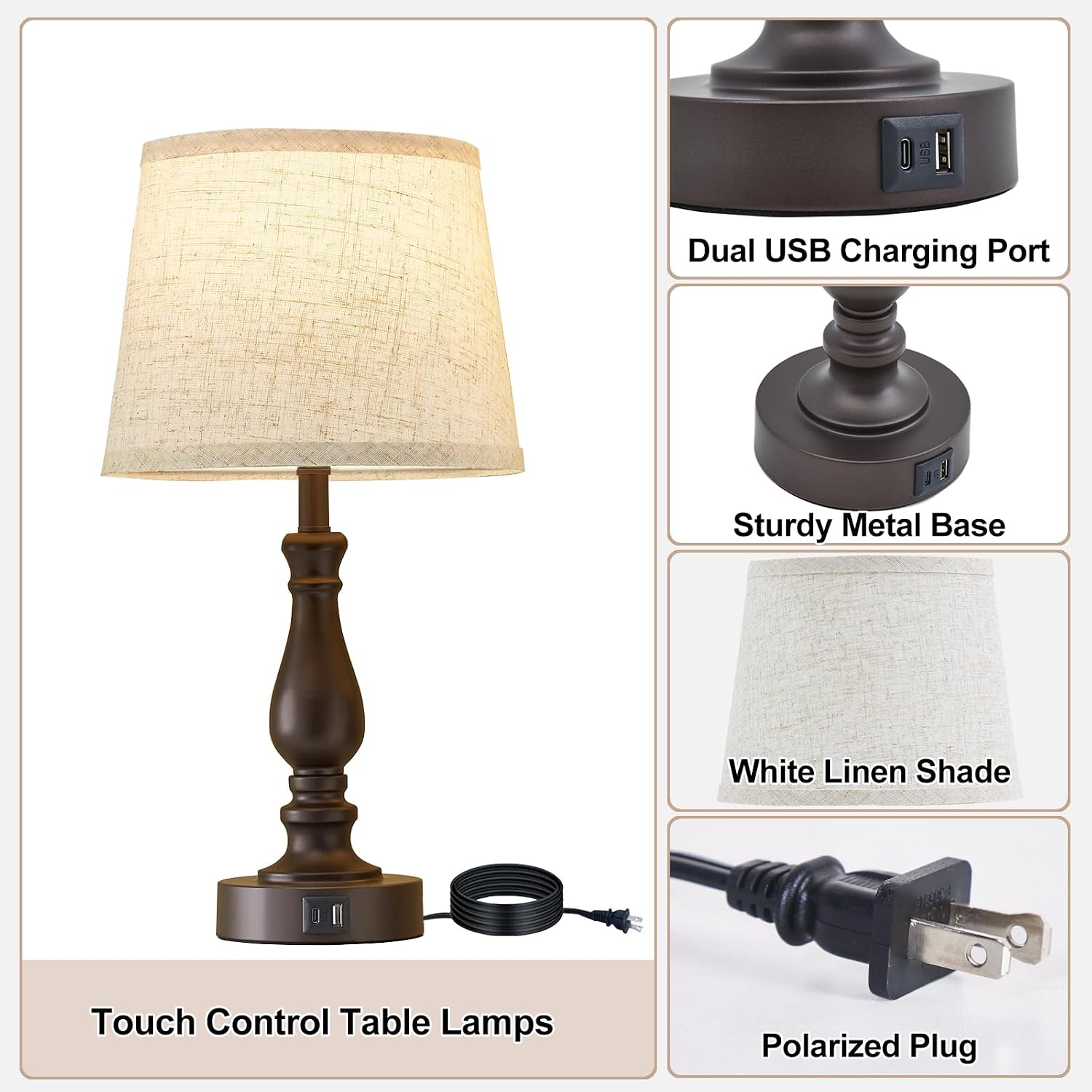 EJIAXIN Table Lamps for Bedrooms Set of 2 - Touch Bedside Lamps with USB C+A Ports - Dimmable Nightstand Lamps for End Tables Farmhouse…