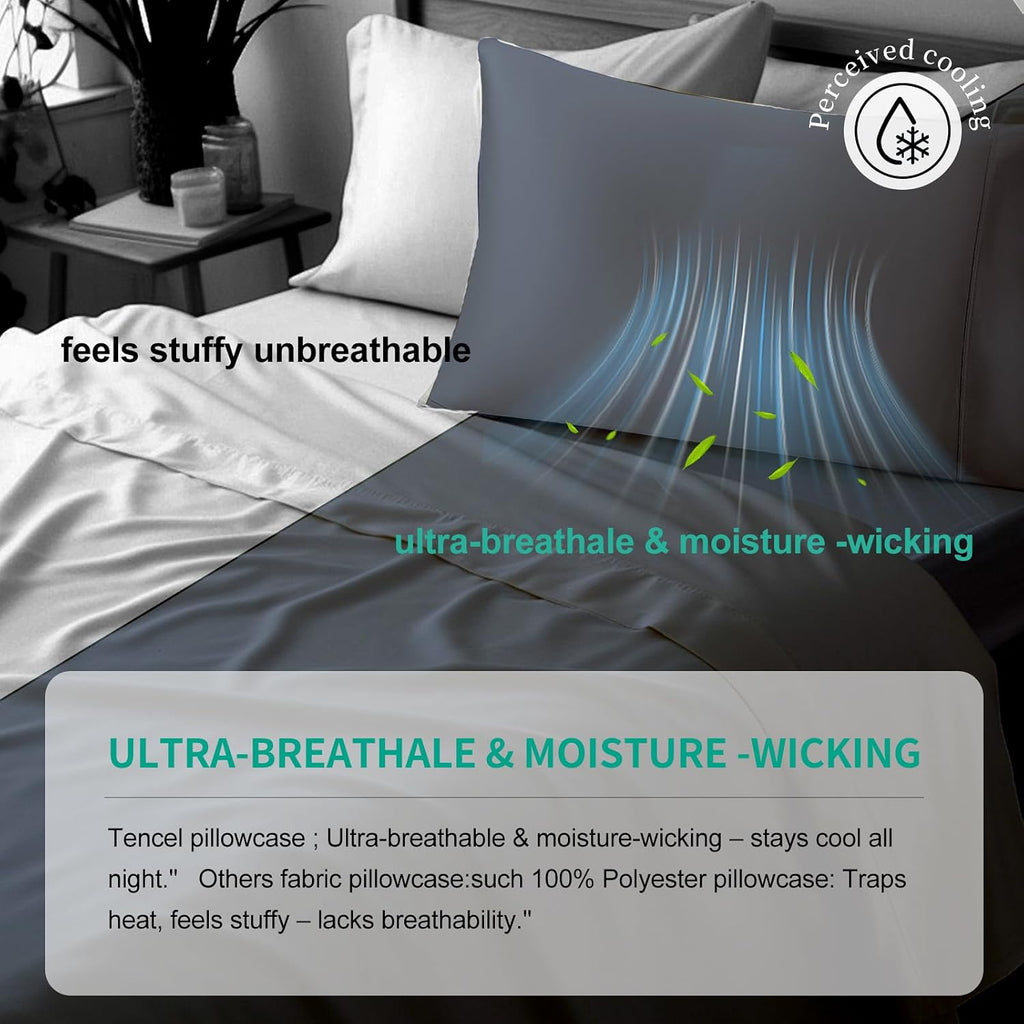 Stnomyhome Eucalyptus Tencel Cooling Pillowcase 2 Pack Queen Dark Gray | Moisture Wicking for Night Sweats | 3X Faster Drying | Oeko-TEX Ce…