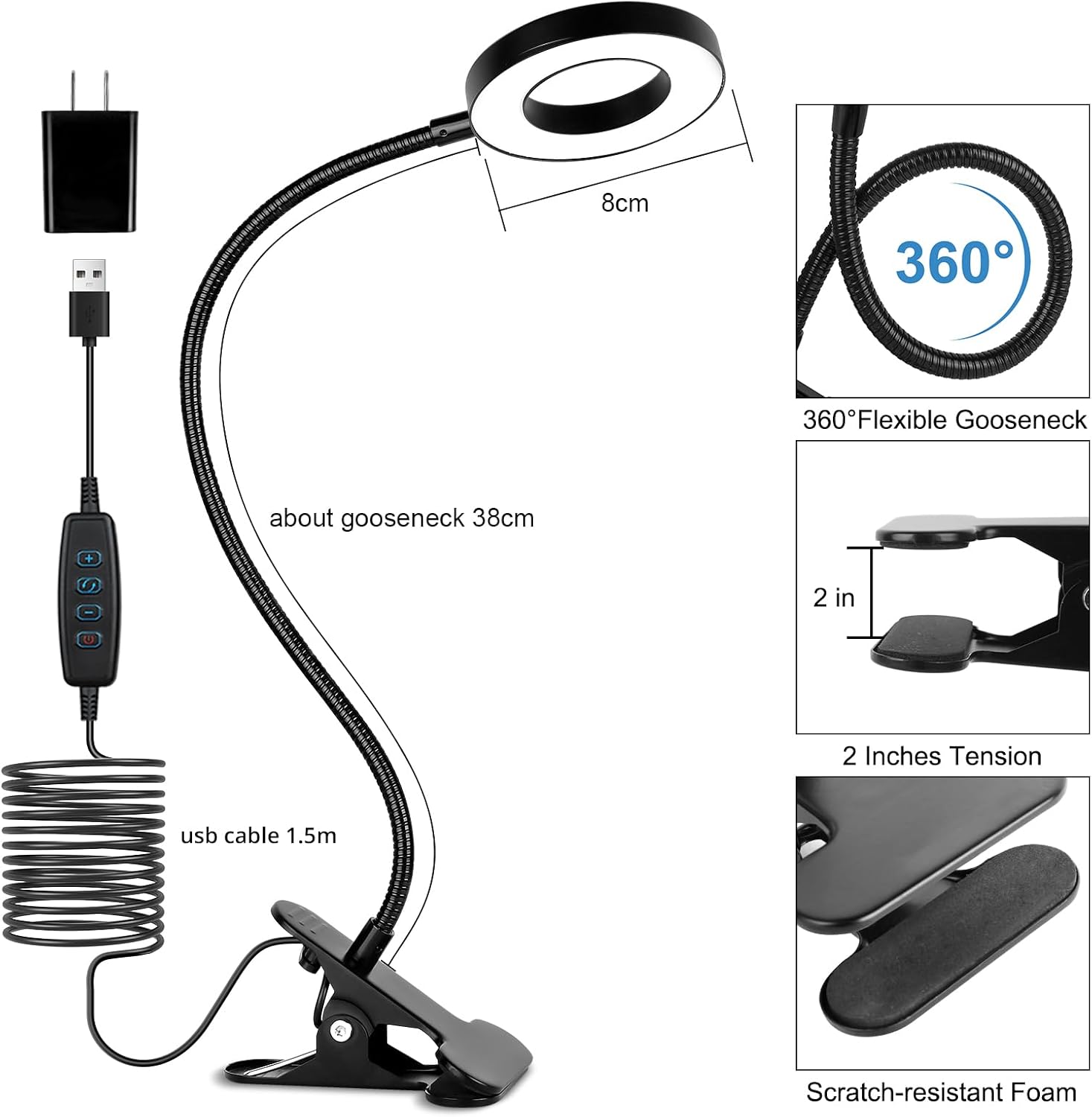 Woputne Desk Clip on Lamp for Reading Home Office, with 5V 2A Adapter, 10 Dimmable Brightness 3 Modes, Clamp Reading Light for Bed Headboar…