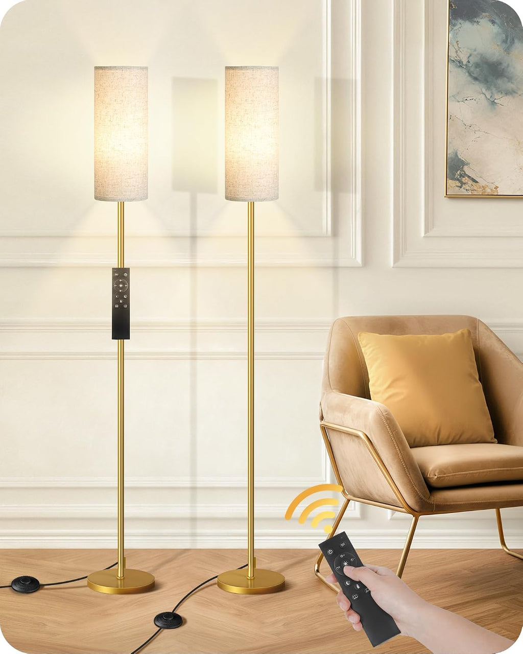Set of 2 Dimmable Floor Lamps for Living Room with 2 Remotes and Foot Switch, Modern Standing Tall Lamp, Corner Lamp for Bedroom, Bulb…