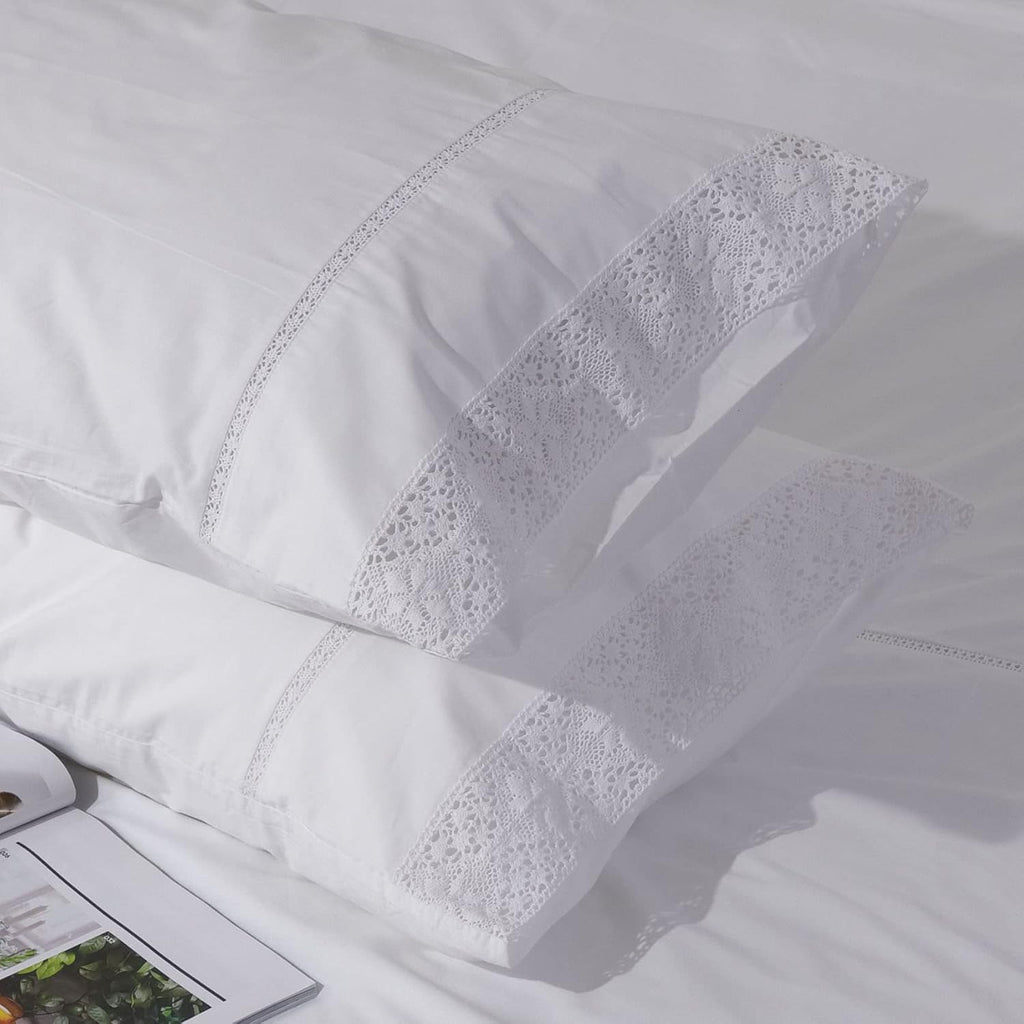 White Lace Pillowcases Standard Size Set of 2, 100% Cotton White Eyelet Pillow Shams, Elegant Farmhouse Envelope Closure Pillow Cover for…