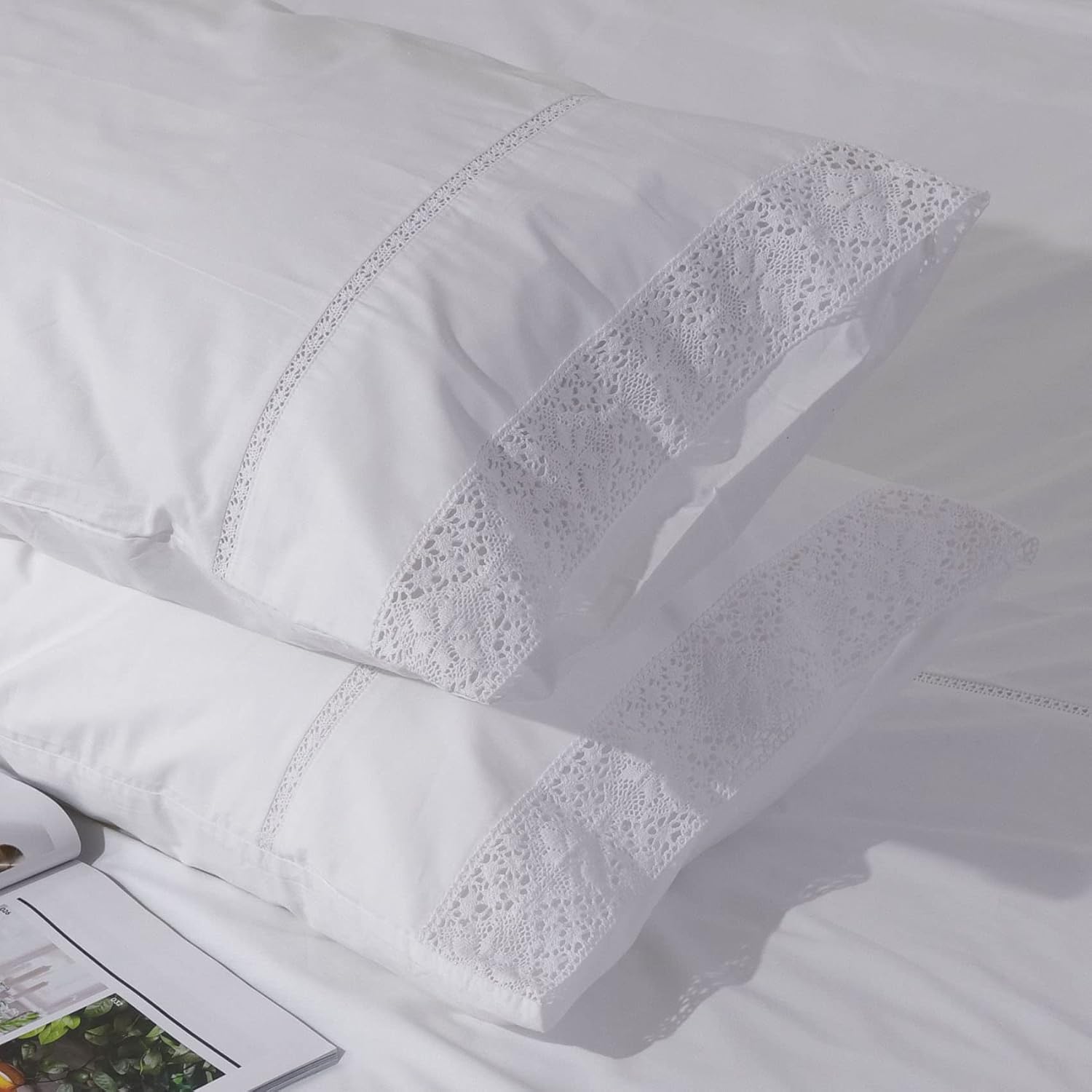 White Lace Pillowcases Standard Size Set of 2, 100% Cotton White Eyelet Pillow Shams, Elegant Farmhouse Envelope Closure Pillow Cover for…