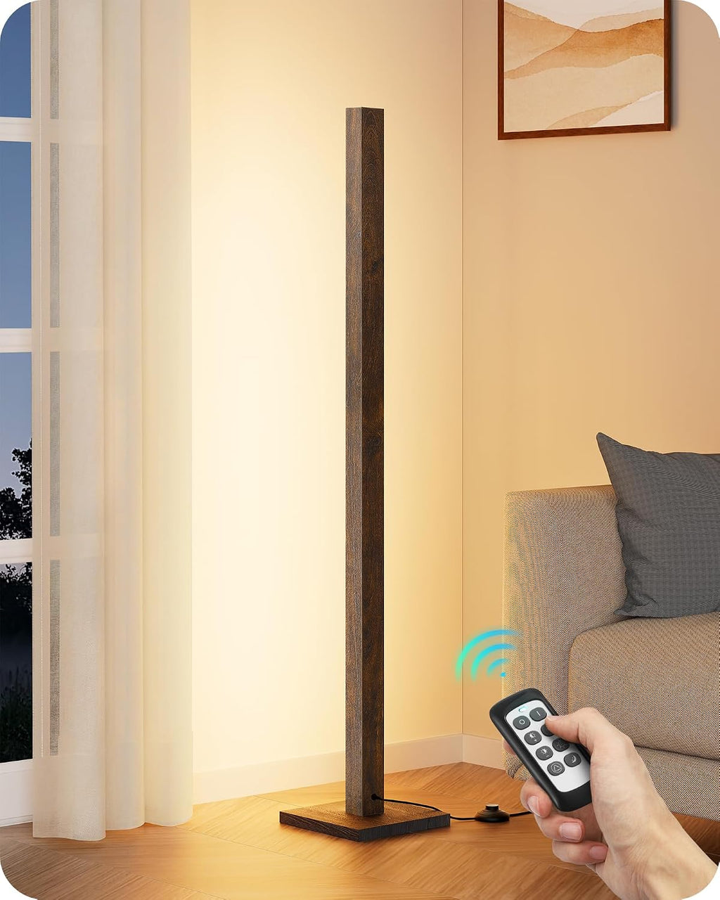 Edishine Wooden LED Corner Floor Lamp, Modern Standing Light with Remote, Minimalist Dimmable Floor Lamps for Living Room, Bedroom, Office,…
