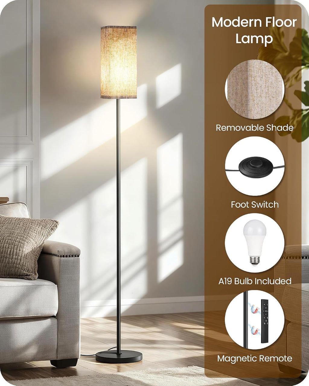 64.2” Dimmable Floor Lamp for Living Room with Remote and Foot Switch, Corner Floor Lamp for Bedroom, Includes 10W A19 Bulb, Modern…