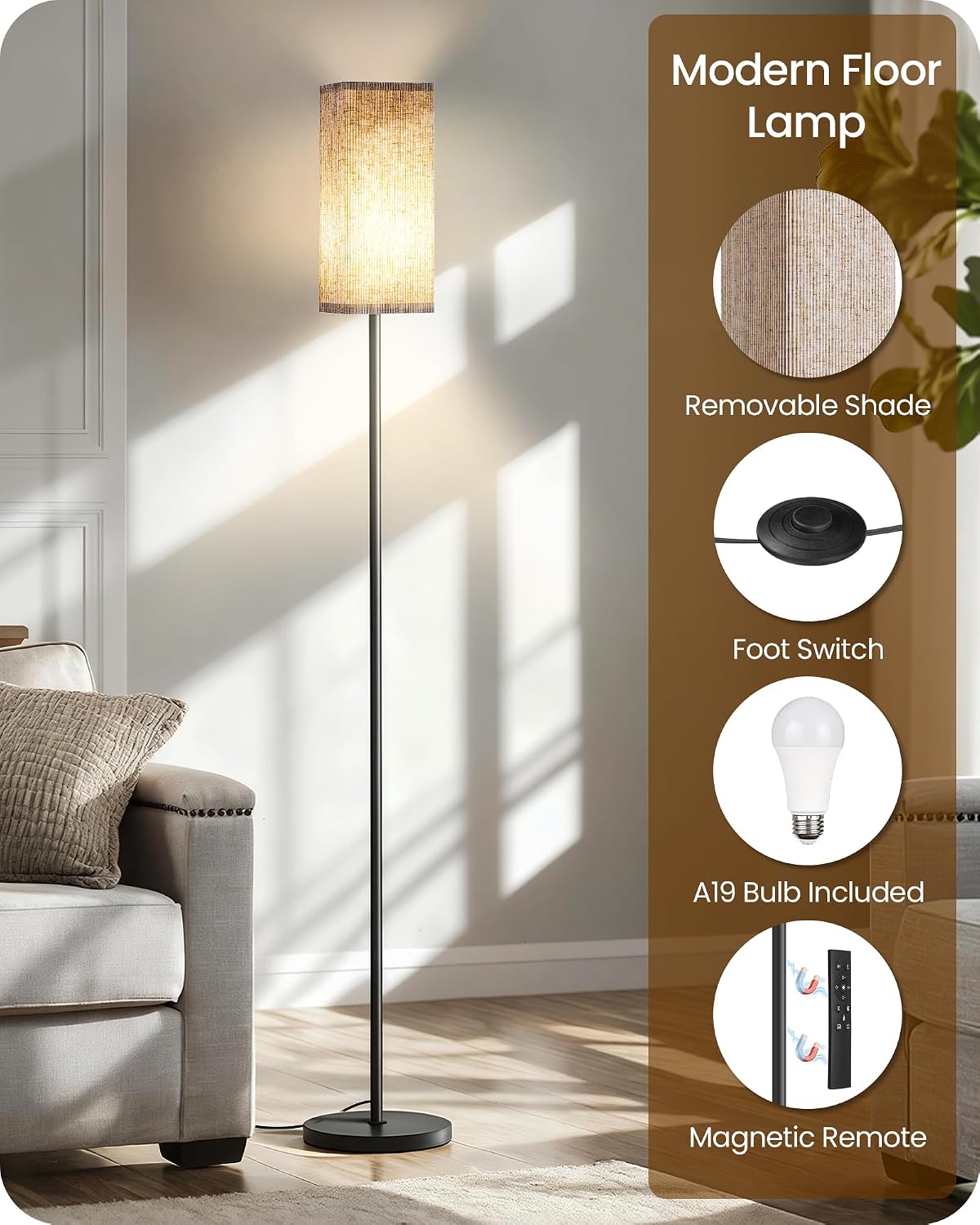 64.2” Dimmable Floor Lamp for Living Room with Remote and Foot Switch, Corner Floor Lamp for Bedroom, Includes 10W A19 Bulb, Modern…