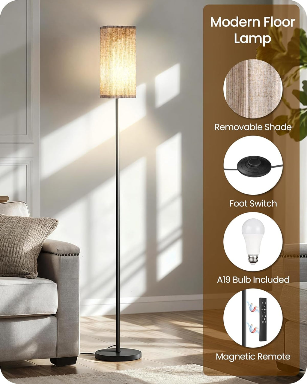 2Pack 64.2” Dimmable Floor Lamp for Living Room with Remote & Foot Switch, Corner Floor Lamp for Bedroom, Includes A19 Bulb, Modern…