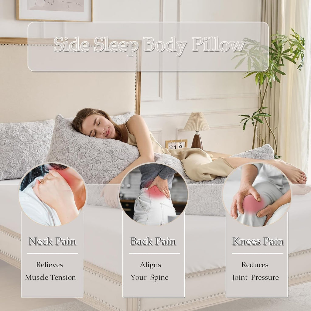 HKMR Fluffy Faux Rabbit Fur Body Pillow, Memory Foam Pregnancy Pillow for Side Sleep Body Pillow,20x54 Long Pillow for Adults-Light G…