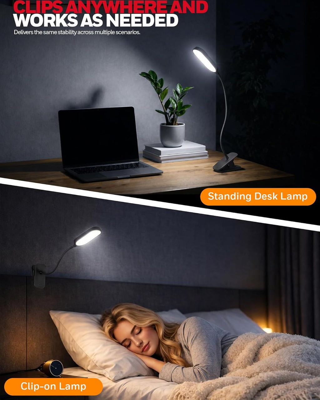 Honeywell Clip On Desk Lamp, Rechargeable Reading Light with Touch Control, Stepless Dimming, Portable Lamp for Desk, Bedside, Study