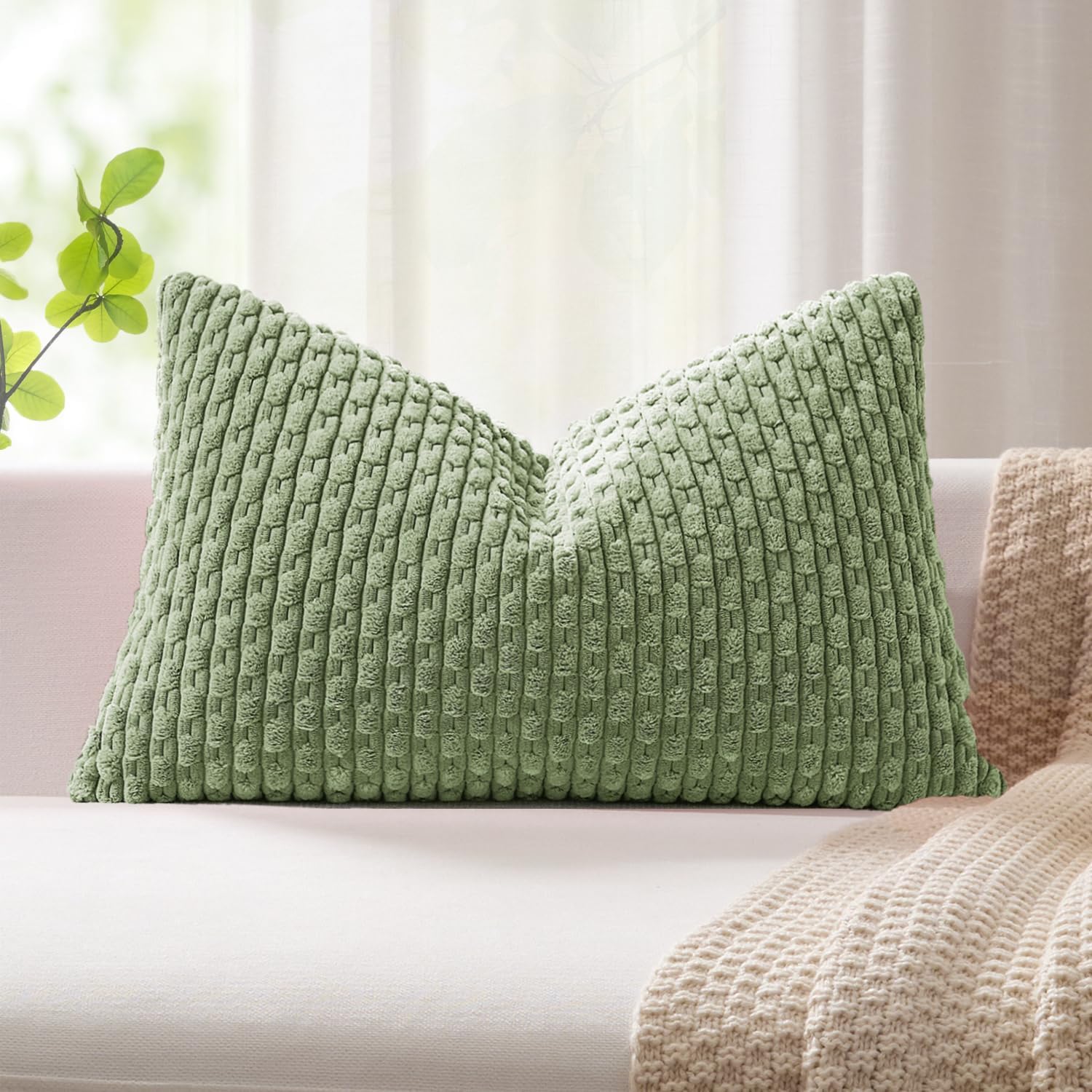 KevinTextile Kevin Textile Spring 16x24 Inch Pillow Cover 1 Pack Boho Decorative Soft Striped Corduroy Lumbar Farmhouse Solid Color Accent…