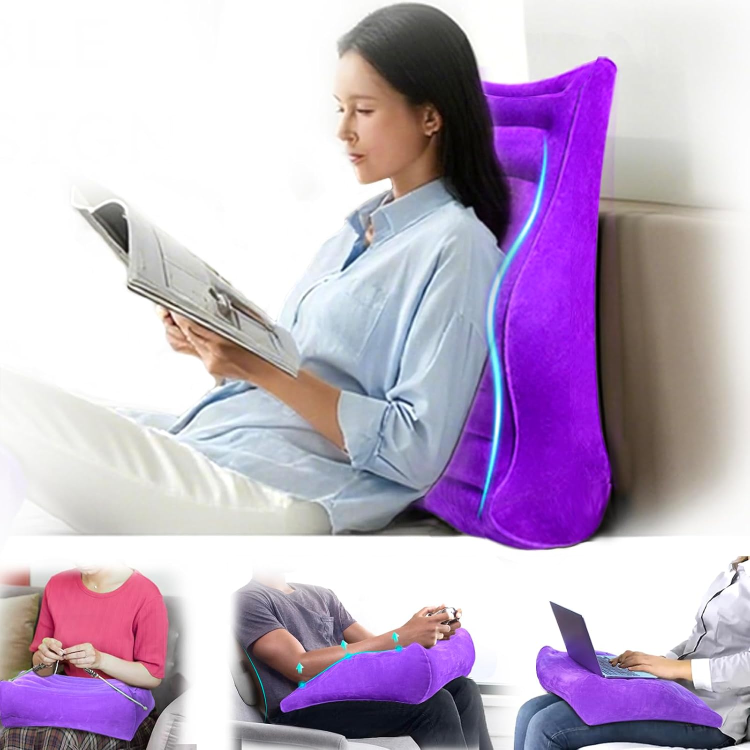 Bed Reading Pillow with S-Curve, Gaming Pillow for Working Crocheting, Ergonomic Bed Wedge Pillow for Sleeping, Inflatable Backrest…