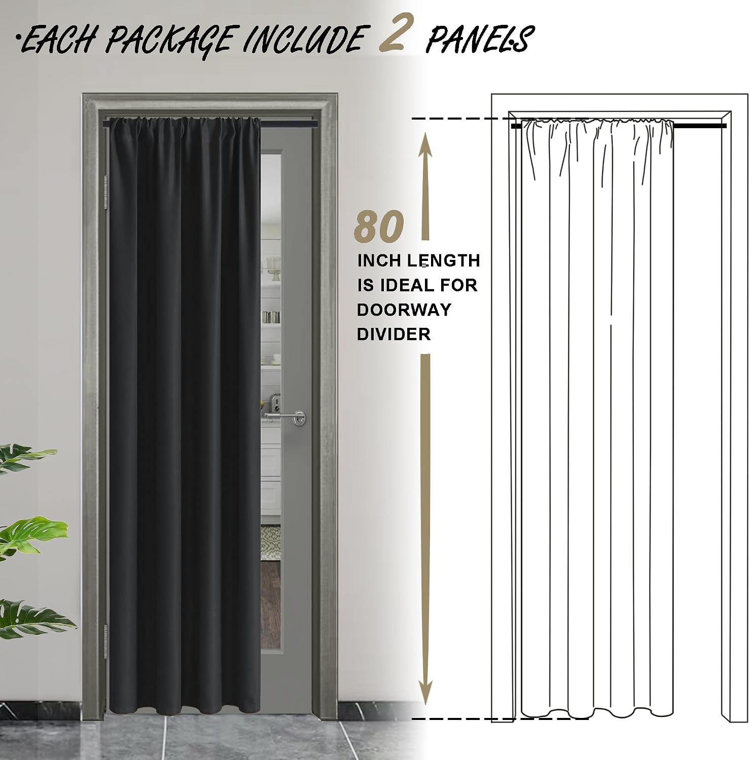 Jiuzhen Blackout Doorway Curtains 80 inch Length - 2 Panels Thermal Insulated Privacy Soundproof Rod Pocket Closet Door Curtains Room Divid…