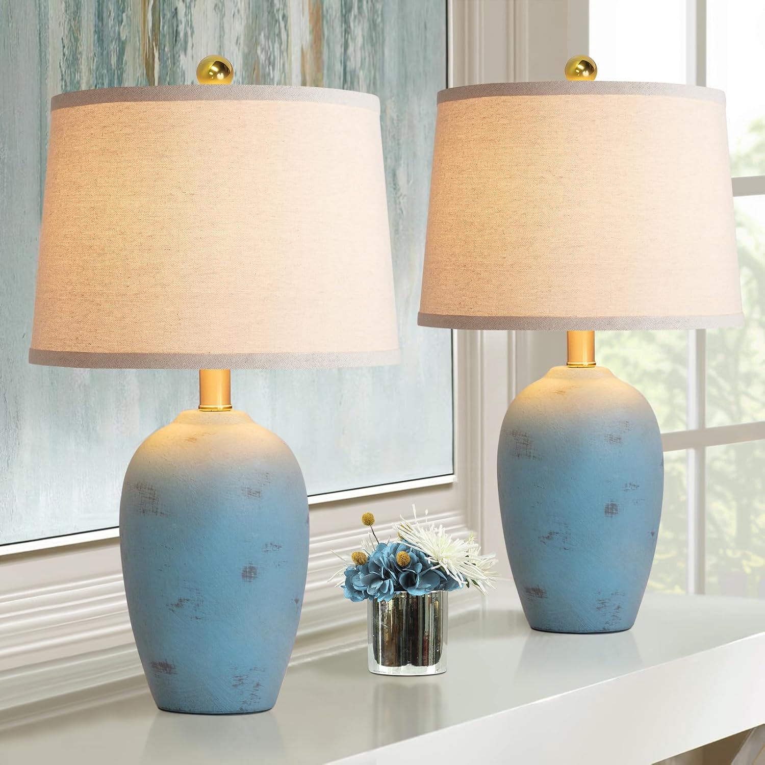 AIEAMPDO 21'' Set of 2 Coastal Small Ceramic Lamps for Bedroom, Traditional Nightstand Bedside Desk Table Lamp for Living Room Office…
