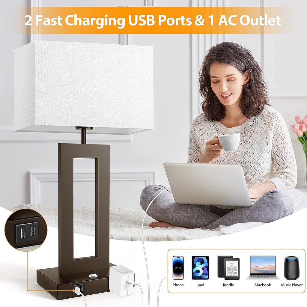 3 Color Temperatures Brown Table Lamps for Bedrooms Set of 2, 22’’ Touch Control Bedside Nightstand Lamps with 2 USB Ports & AC Outlet…