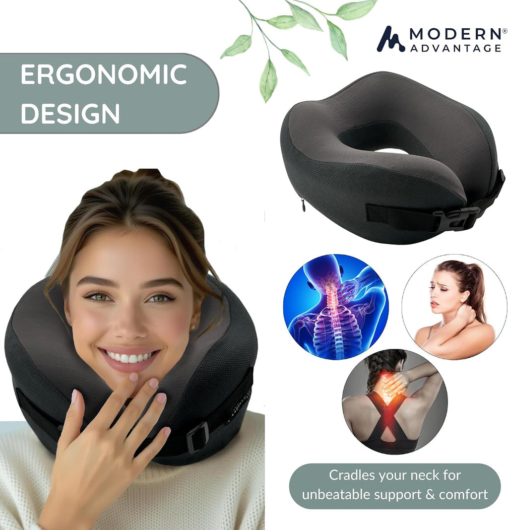 Modern Advantage Memory Foam Travel Neck Pillow for Airplanes – High Density Ergonomic Support, Adjustable Buckle Strap, Removable…