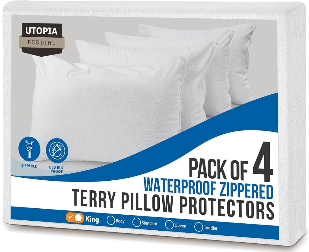 Utopiabedding Utopia Bedding Set of 4 Waterproof Pillow Protectors with Zipper King Size, Terry Pillow Covers, Bed Bug and Dust Mite Proof…