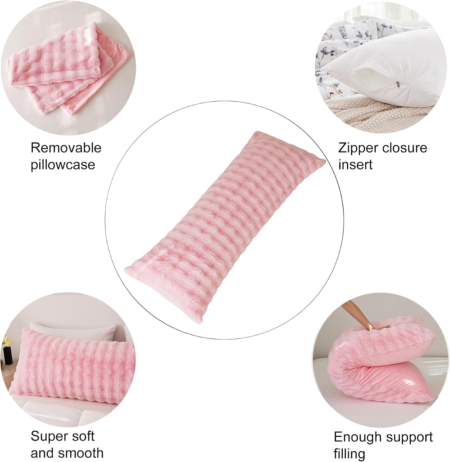 Memfydu Full Body Pillow with Fluffy Bubble Waffle Carved Faux Fur Removable Cover, Long Bed Pillow Adult 20x54 Inches for Side Sleeper and…