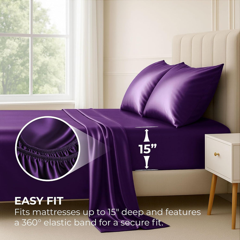 PureBedding Satin Sheets King [4-Piece, Purple] Hotel Luxury Silky Bed Sheets - Extra Soft 1800 Microfiber Sheet Set, Wrinkle, Fade, Stain…