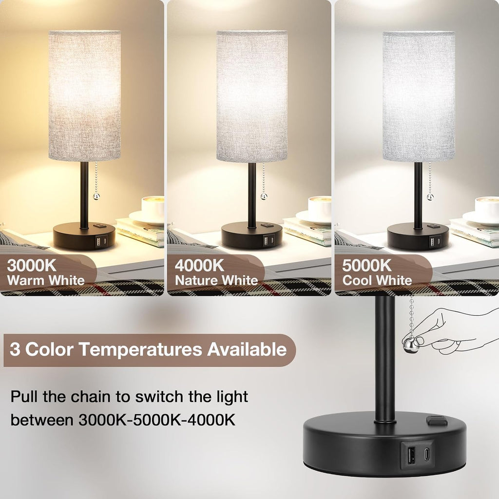 17.4Inches Grey Bedside Lamp for Bedroom Nightstand - Tall Table Lamp with USB A + C Charging Port & AC Outlet, 3 Color Temperatures Pull…