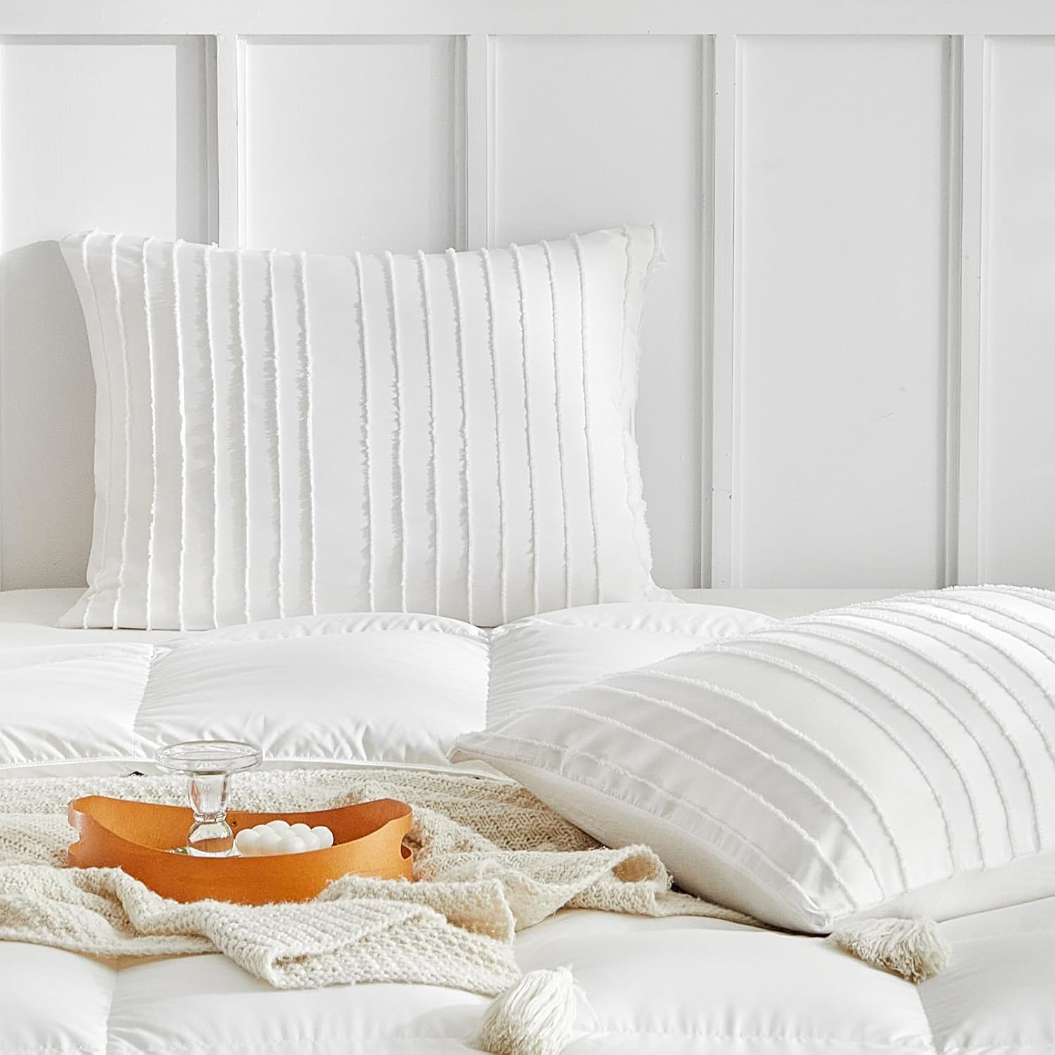 Warmdern White Striped Pillow Covers Queen Pillow Cases Soft Microfiber Stripe Pillow Cases Set of 2 Boho Tufted Stripes Textured Pillowcas…