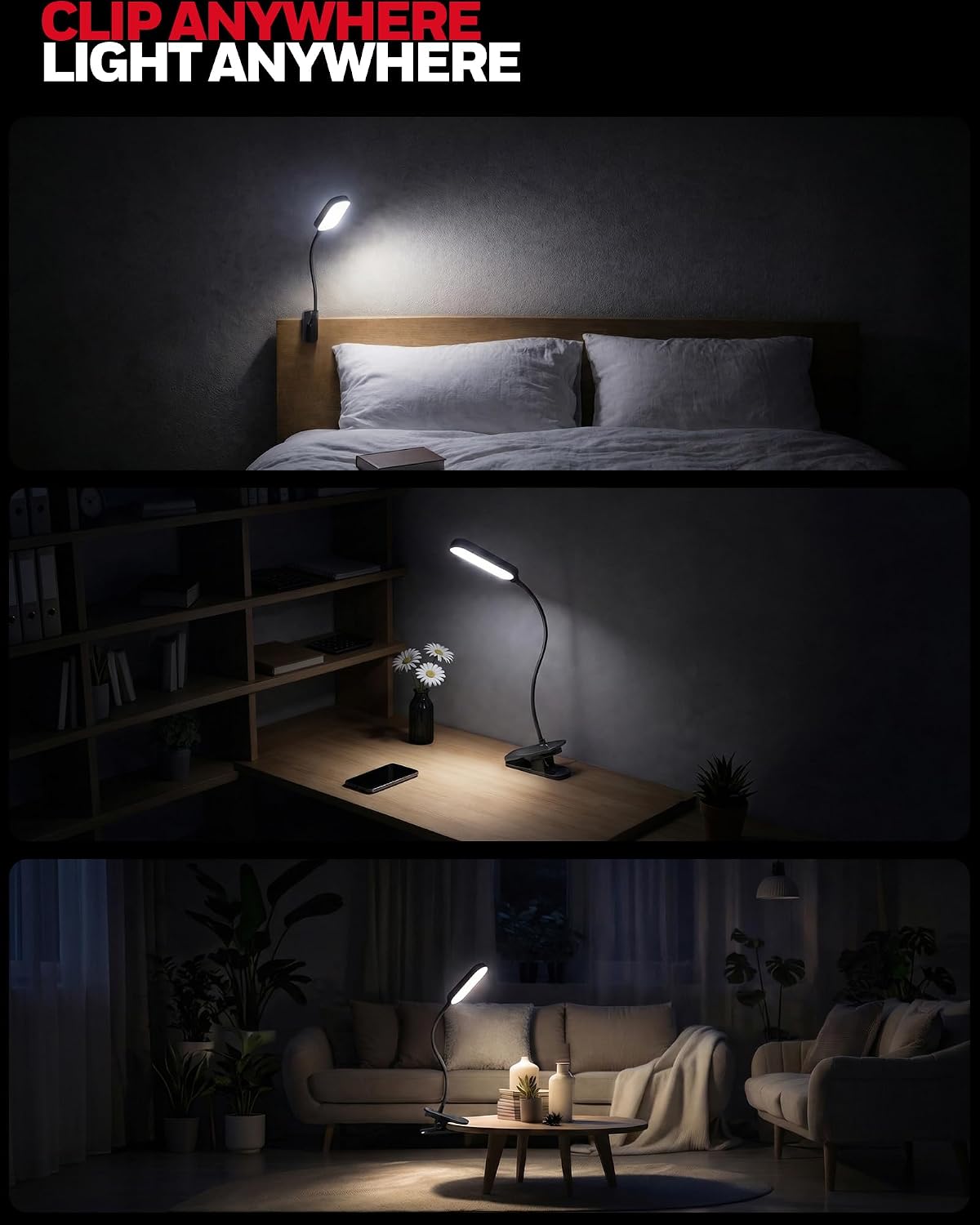 Honeywell Clip On Desk Lamp, Rechargeable Reading Light with Touch Control, Stepless Dimming, Portable Lamp for Desk, Bedside, Study