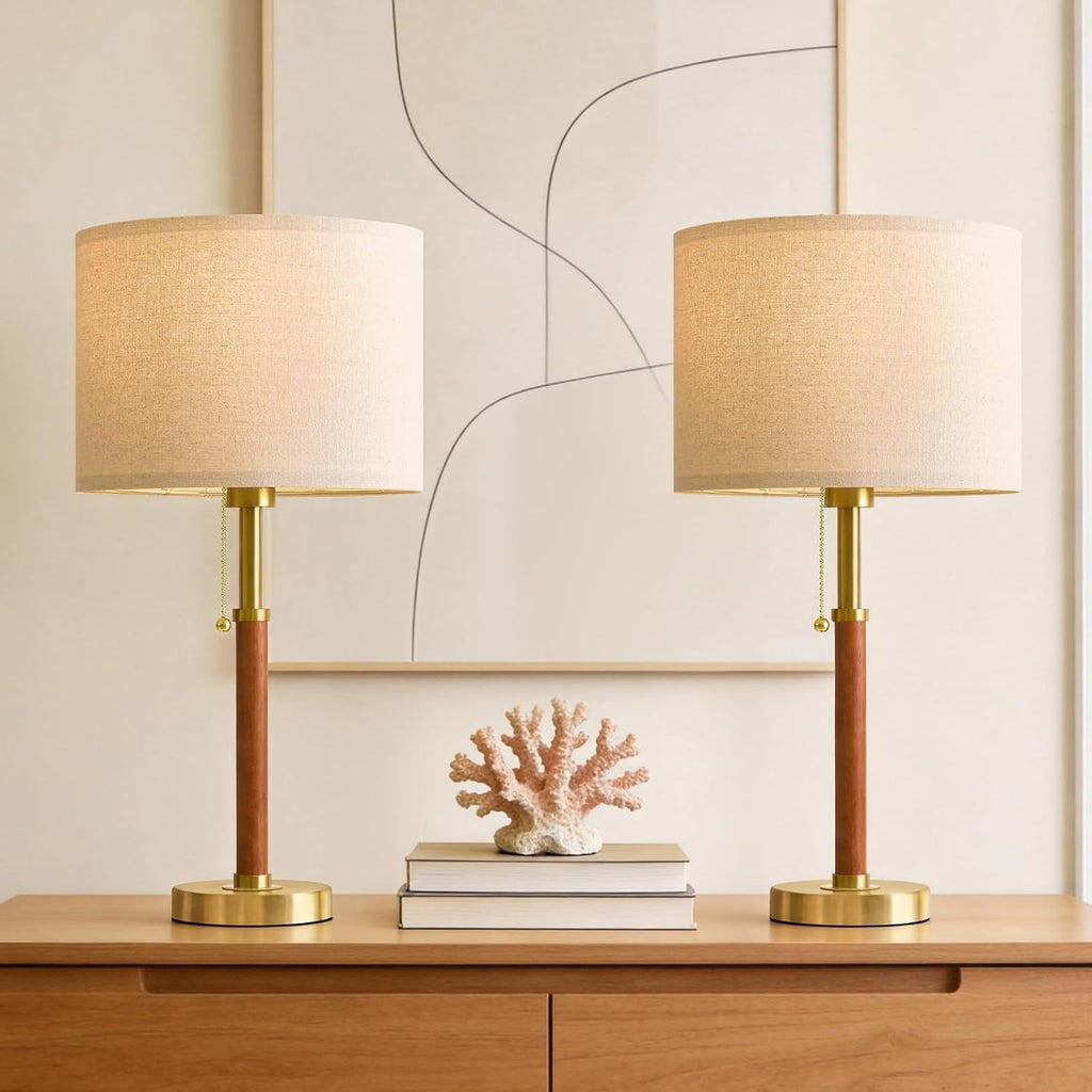 G-SAFAVA 22" Wood Table Lamps Mid Century Modern Lamp for Bedroom Living Room Bedside Lamps for Night Stands Nightstand Lamp with Pull…