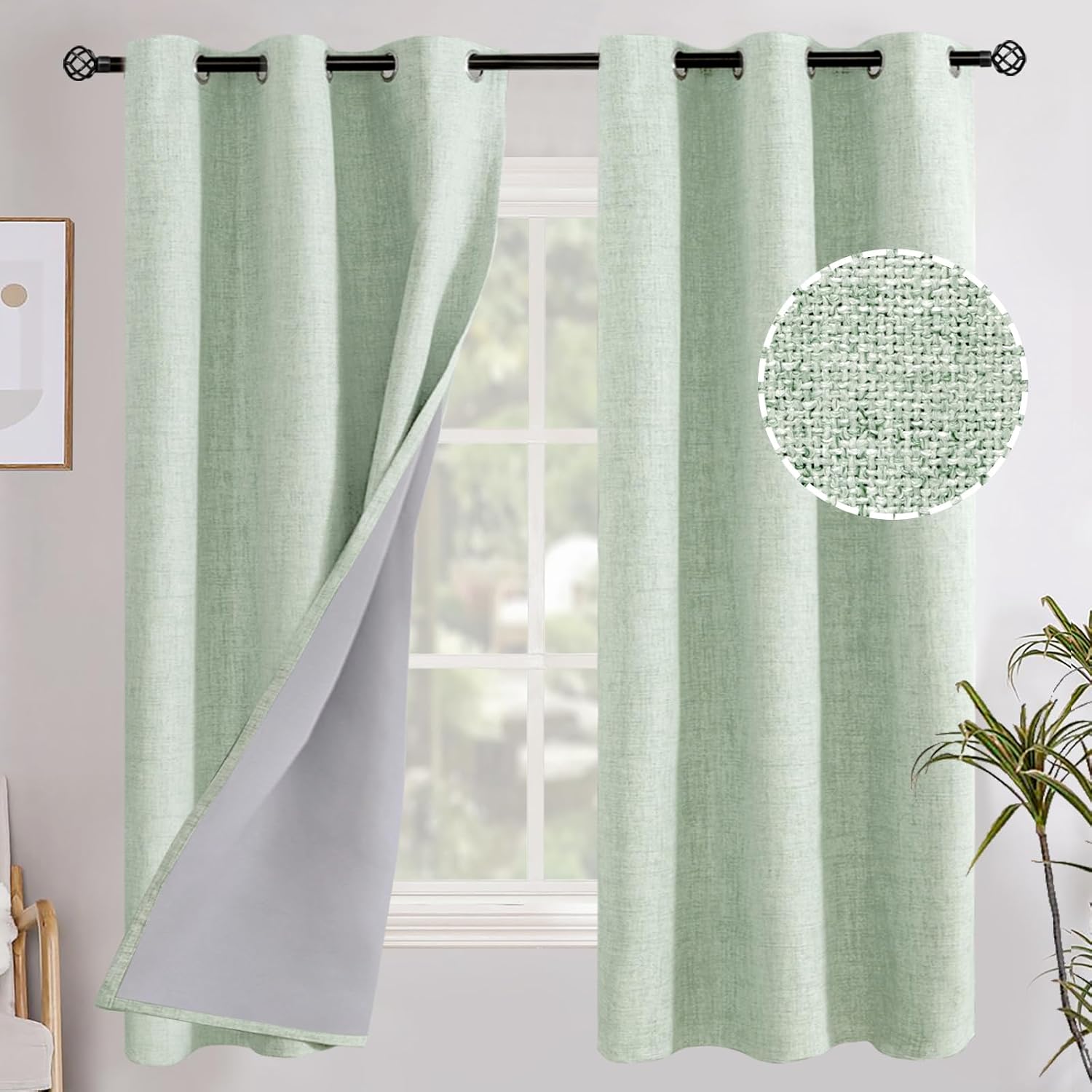 YoungsTex Sage Green Linen Blackout Curtains 63 Inch Length 2 Panels for Bedroom, Room Darkening Window Drapes with Grommet Thermal Insulat…