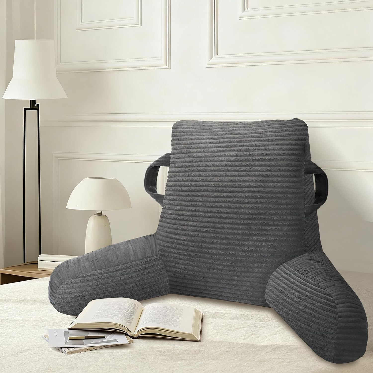 Reading Pillow for Sitting in Bed Adult, Bed Reading Pillow with Shredded Memory Foam, Back Pillow for Sitting with Arms and Pockets, Gery