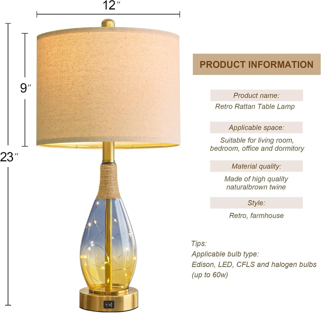 OYEARS 23" Table Lamps for Living Room Set of 2, Bedside Lamps for Night Stands, Rattan Lamps for Bedroom, Farmhouse Lamps with Glass…