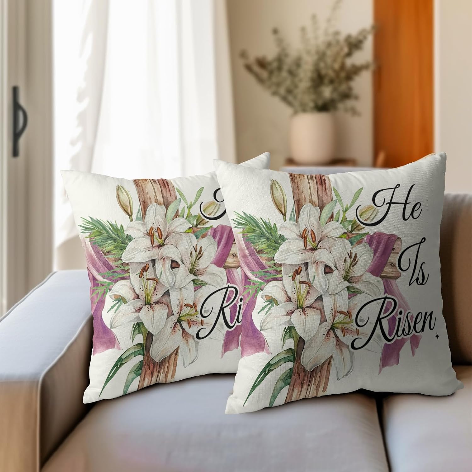 Easter Throw Pillow Covers 18x18 Inch Set of 2 He is Risen Cushion Case Spring Lily Flower Cotton Linen Square Pillowcases Happy Easter…