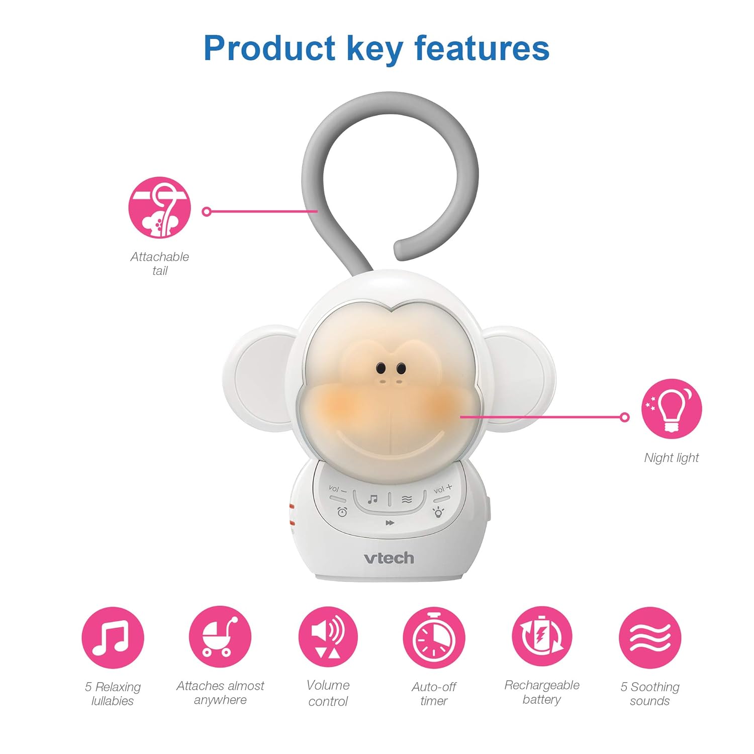 VTech Communications BC8211 Myla The Monkey Baby Sleep Soother with a White Noise Sound Machine Featuring 5 Soft Ambient Sounds, 5…