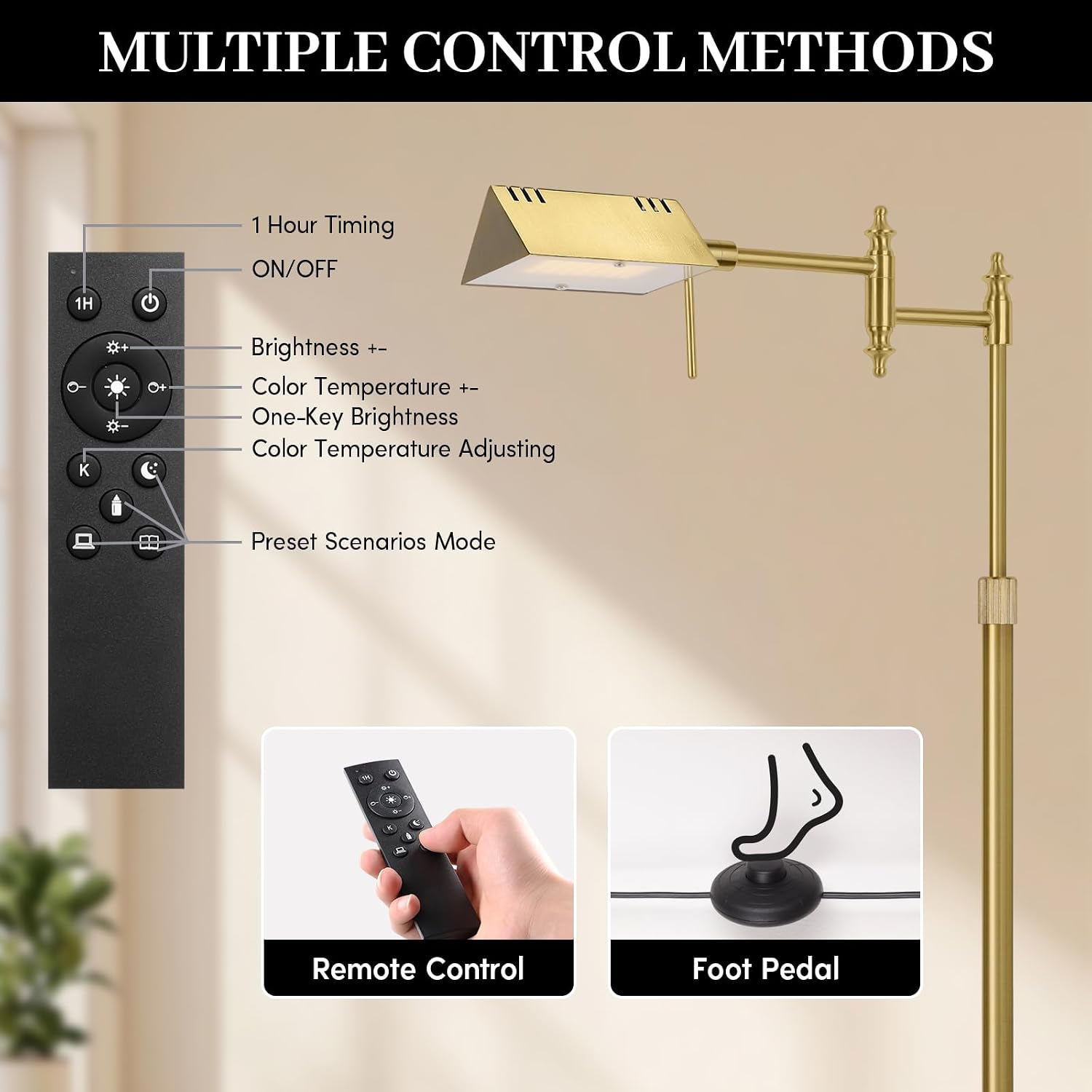Dimmable Pharmacy Floor Lamp with Remote, 17W Gold LED Reading Floor Lamp with 360°Swing Arm, 3 Color Temperature, Height Adjustable…