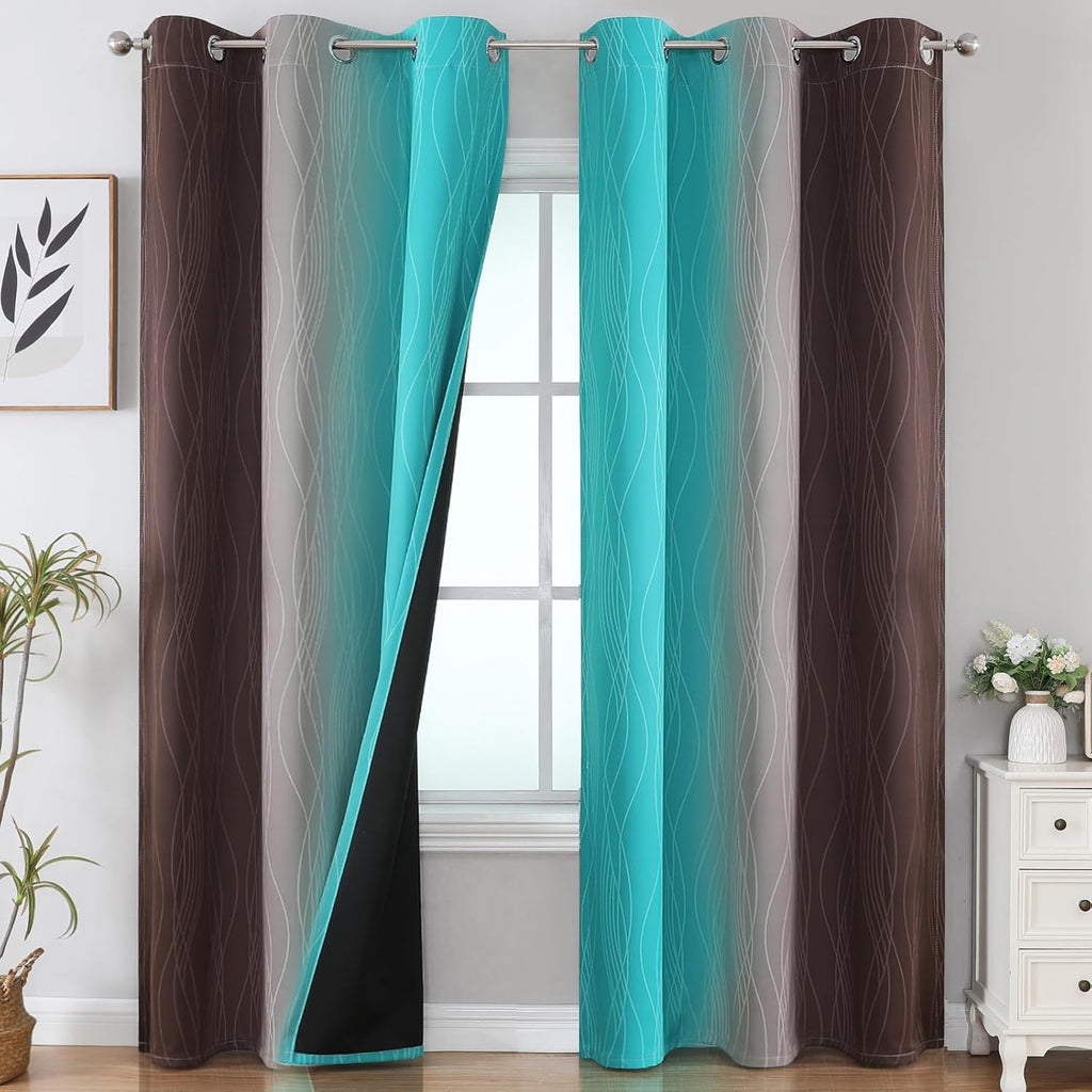 Estelartextiler Estelar Textiler Brown and Teal Room Darkening Blackout Curtains 84 Inch Length 2 Panels Set for Living Room, Thermal Insul…