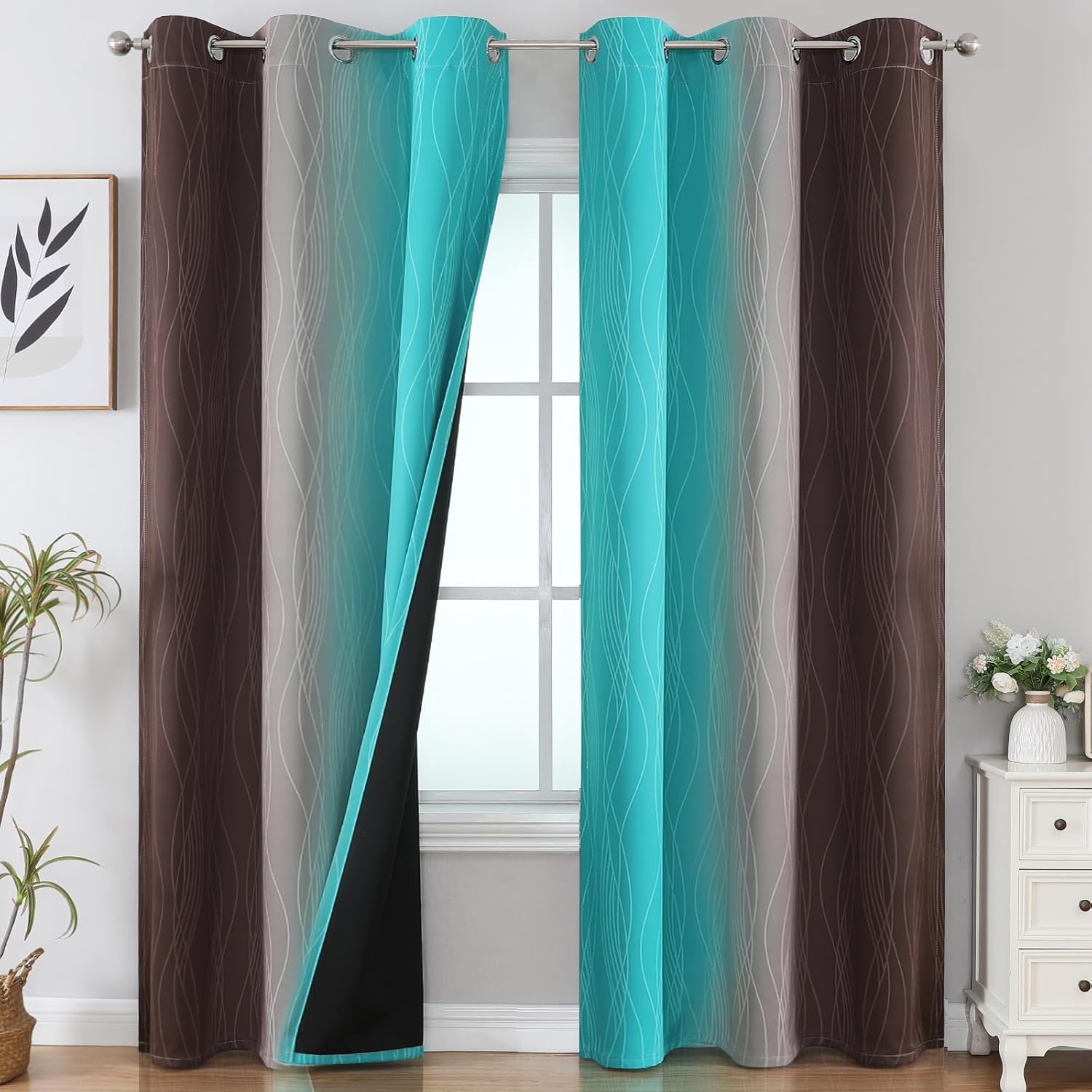 Estelartextiler Estelar Textiler Brown and Teal Room Darkening Blackout Curtains 84 Inch Length 2 Panels Set for Living Room, Thermal Insul…