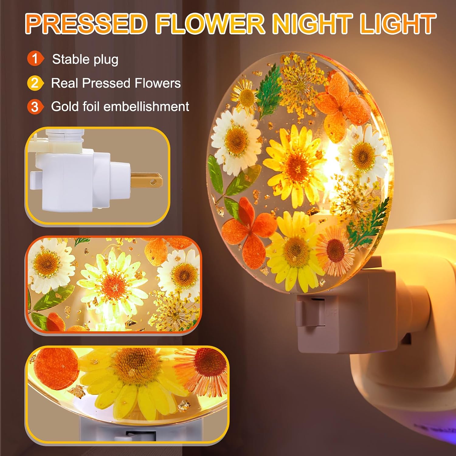 Glooglitter Pressed Flower Night Light Plug in - Handmade Dried Floral Wall Night Light, Soft Glow Decorative Nightlight for Hallway Bedroo…