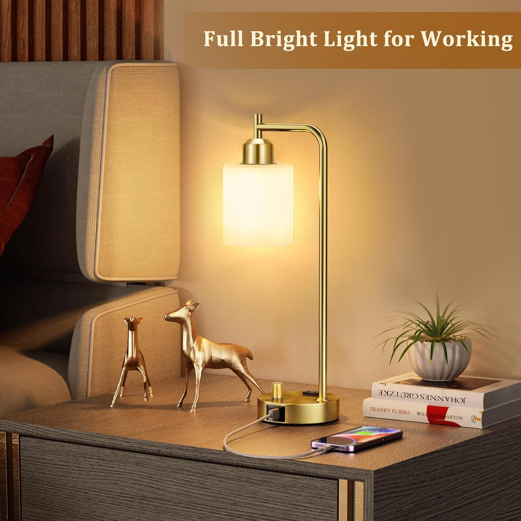 Innqoo Gold Lamp for Bedroom - Industrial Bedside Table Lamp with USB Port and Outlet, Fully Dimmable Nightstand Lamp with Opal Glass…