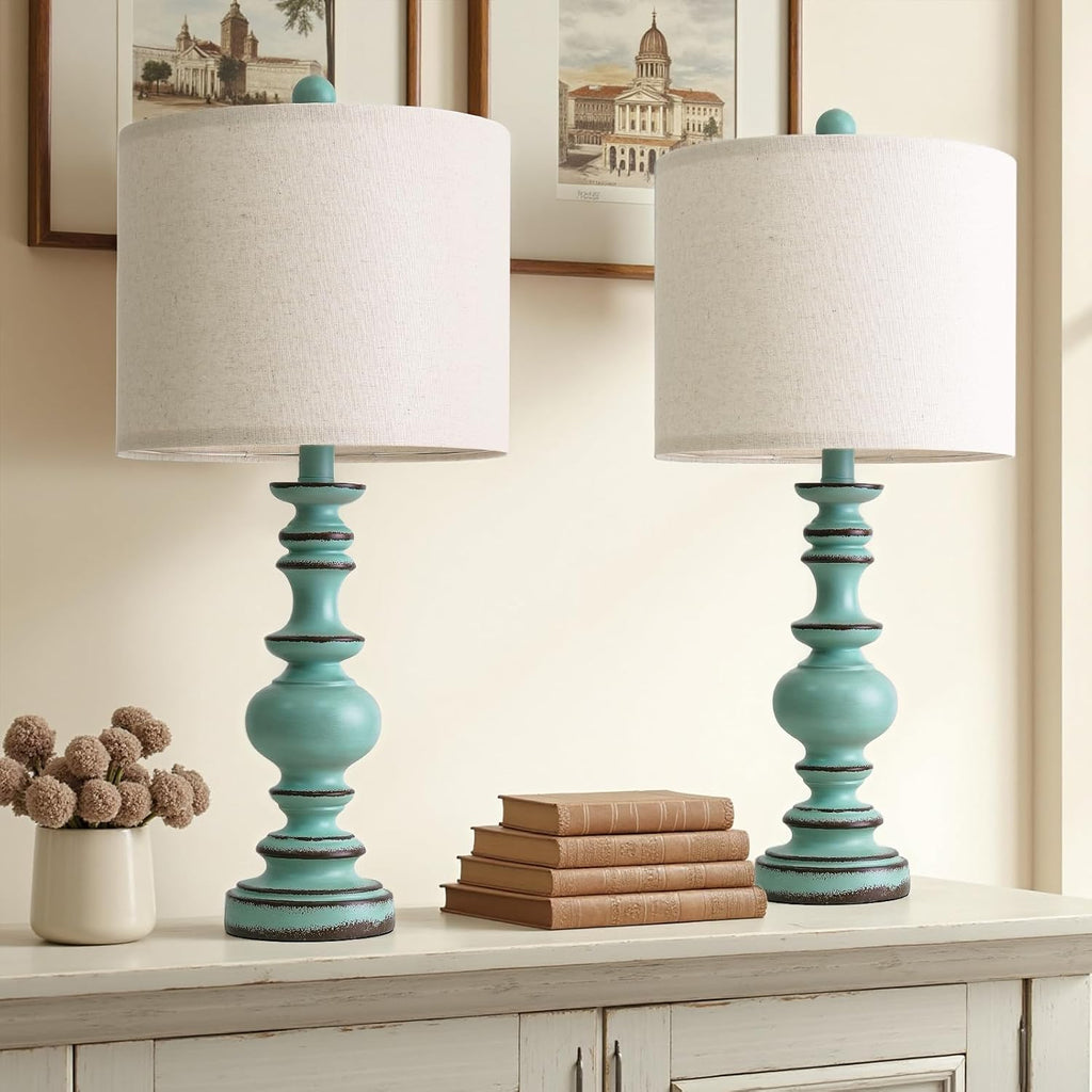 BOBOMOMO 24" Farmhouse Table Lamps Set of 2 – Distressed Teal Lamps with Linen Shades, Cottage Style Bedside Lamps for Bedroom, Living…