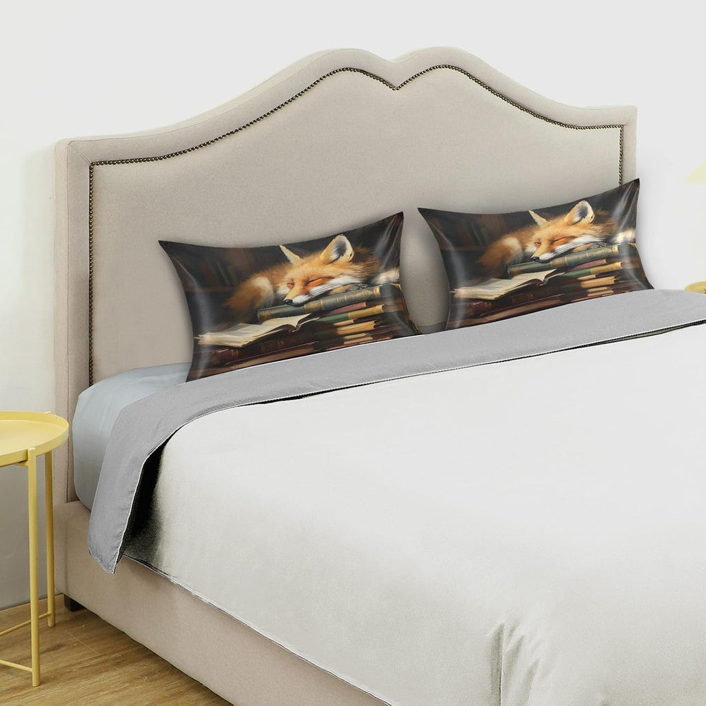 Fox Cartoon Pillow Covers Silk Pillowcase for Hair and Skin Soft and Smooth Cooling Satin Pillowcase Queen Size Pillow Case for Women…