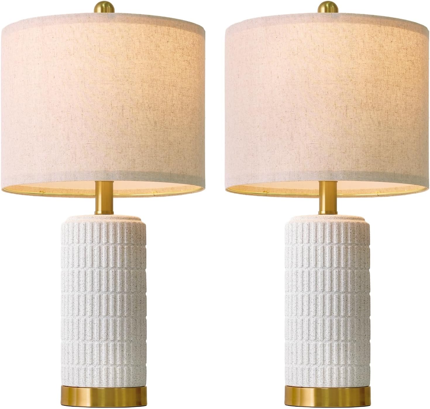 PoKat 21.5'' Stone-Like Bedside Table Lamps Set of 2 for Bedroom with 2 USB A+C, Modern Lamps for Living Room, Ceramic Nightstand Desk…
